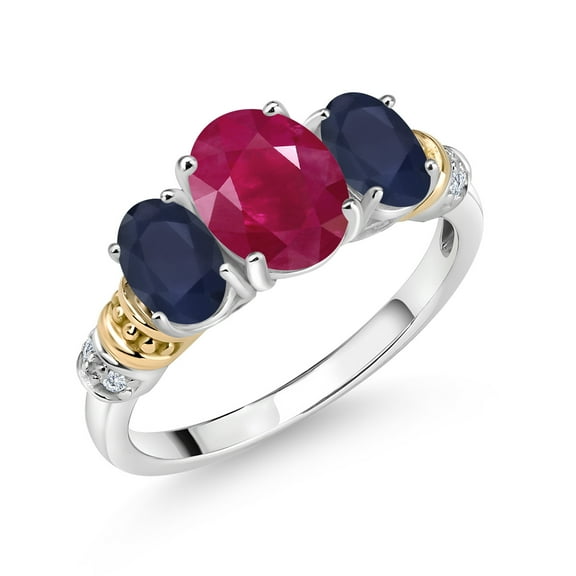 Gem Stone King 925 Sterling Silver and 10K Yellow Gold Oval Red Ruby Blue Sapphire and White Diamond 3 Stone Ring for Women (2.74 Cttw, Gemstone July Birthstone, Size 7)