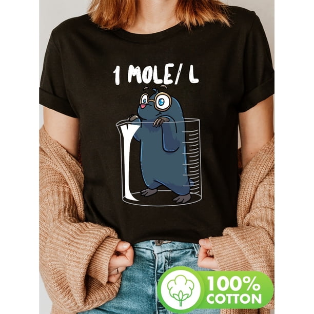 Women's Casual T-Shirt Featuring a Mole in a Measuring Cup, Designed for Chemistry Students And Science Teachers, Perfect for Summer And Spring.