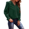 thumbnail image 4 of Qarigey Camiseta de mujer Blusa casual de manga larga con cuello en V de encaje de color sólido Prendas para la parte del cuerpo Verde L Qarigey AP003435-13, 4 of 6