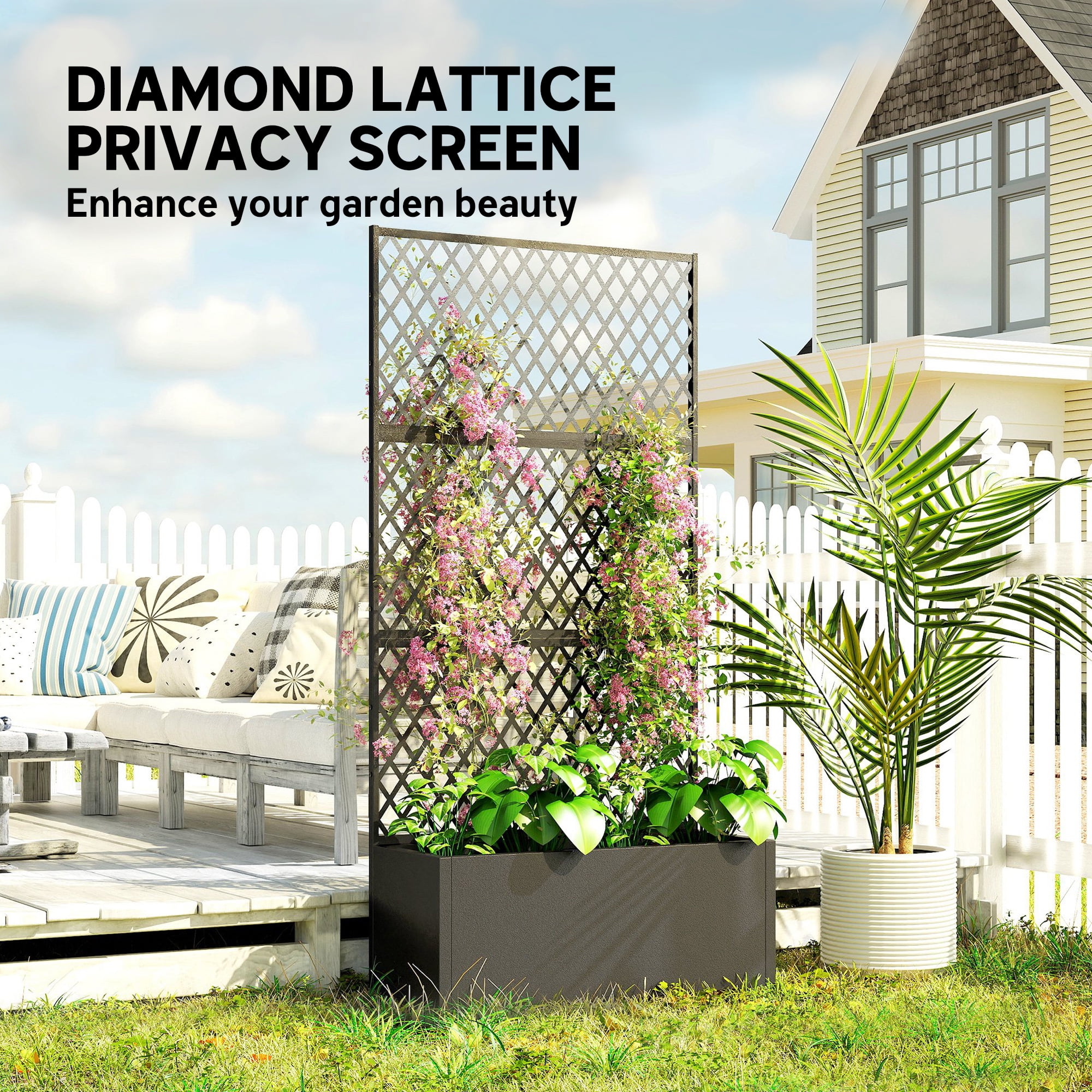 Outsunny Metal Planter Box with Trellis, Raised Garden Bed with Trellis Privacy Screen for Climbing Plants, Diamond Lattice Privacy Planter