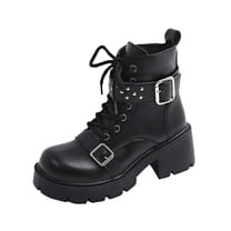 LOVZFMLL Boots for Women Ankle Combat Boots Lace Up Round Toe Adjustable Straps Mid Block Heel Motorcycle Fall Winter Shoes