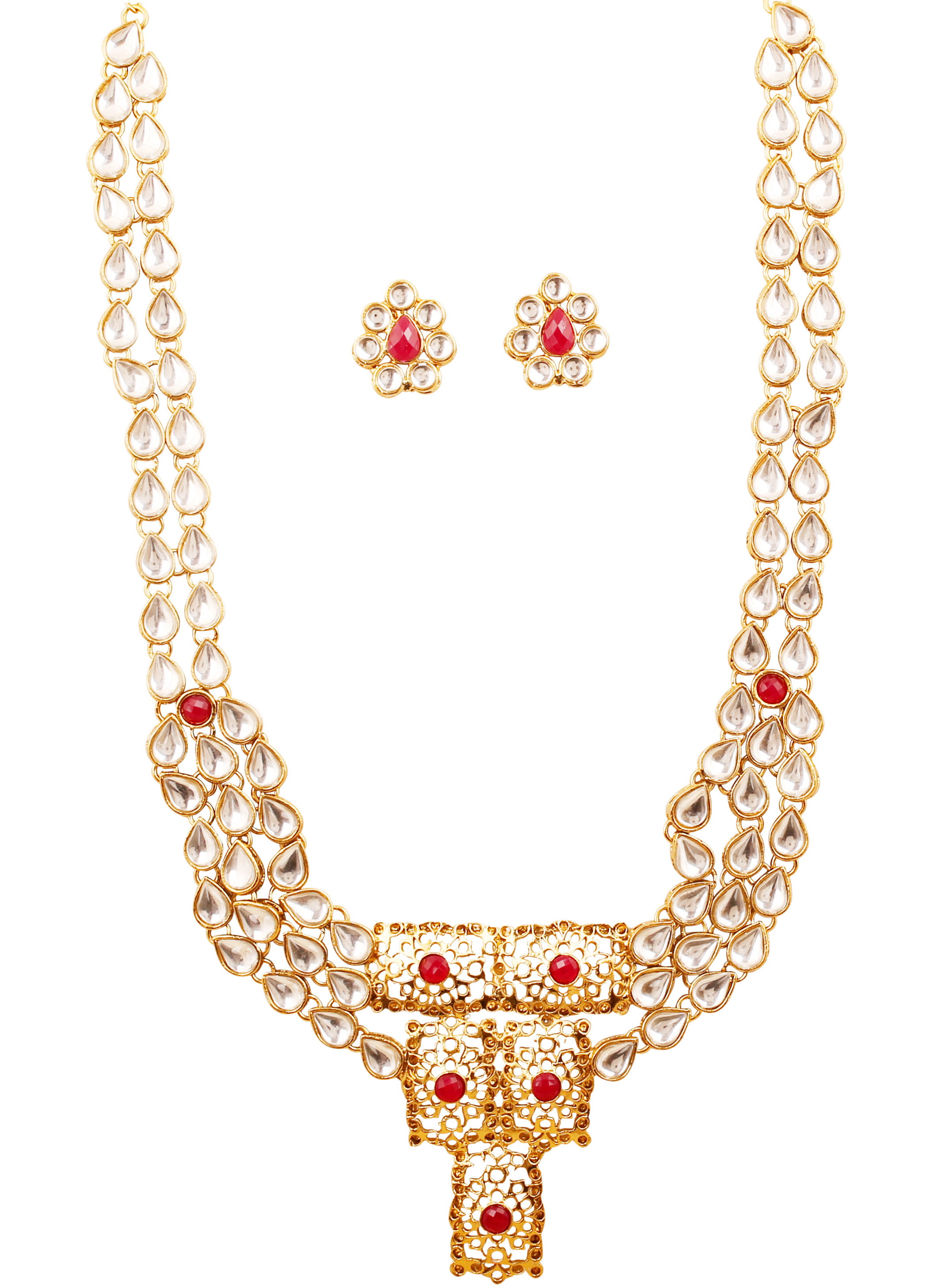 Touchstone Mughal Jali Collection White/red/Green Bridal Wedding Rani haar Necklace and Choker in Gold Tone for Women