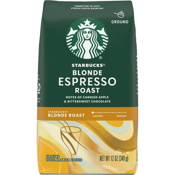 Starbucks Blonde Espresso Roast, Ground Coffee, Blonde Roast Hot or Iced Coffee, 12 oz