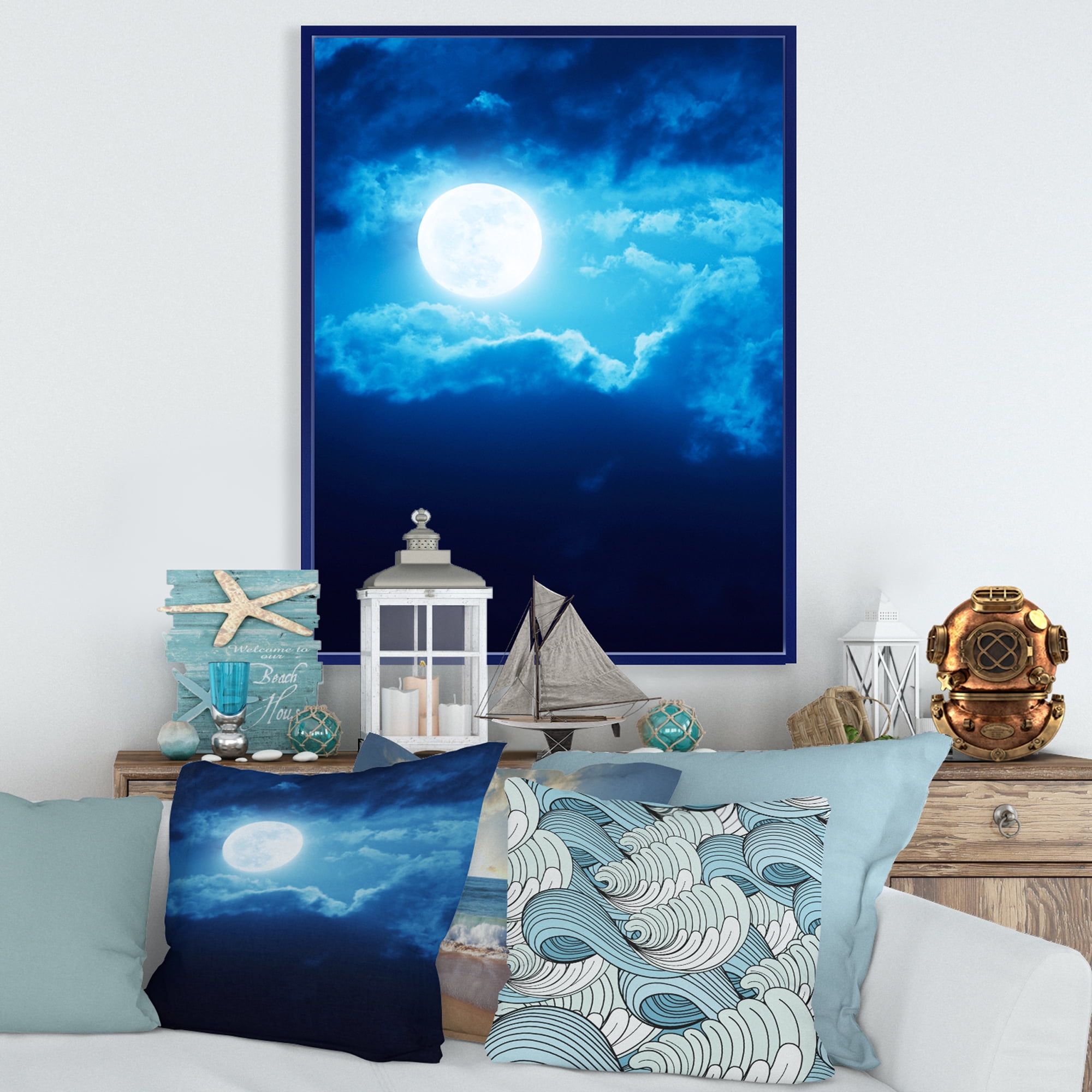 Designart 'Full Moon Night in Cloudy Sky III' Nautical & Coastal Framed Canvas Wall Art Print