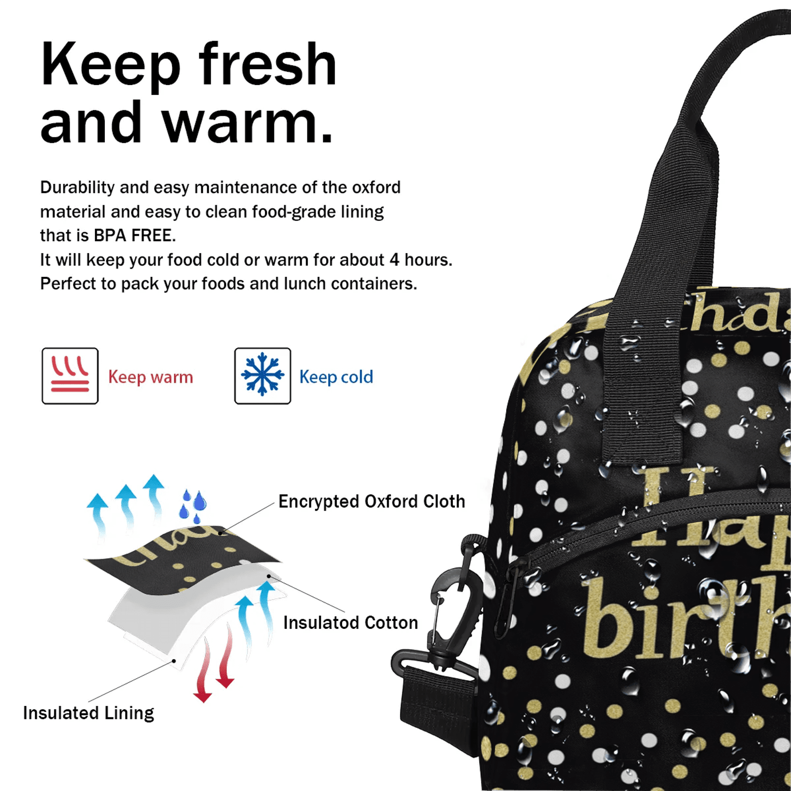 Herdesigns Happy Birthday Lunch Bag for Men Women Adults Birthday Theme Insulated Lunch Box Leakproof Cooler Tote Bag Organizer with Adjustable Shoulder Strap