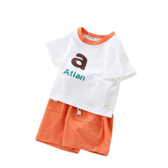 Boys' Summer New Letter Small A Solid Simple Set Boys' Thin Round Neck T-shirt Wearing Two Piece Set Fashion