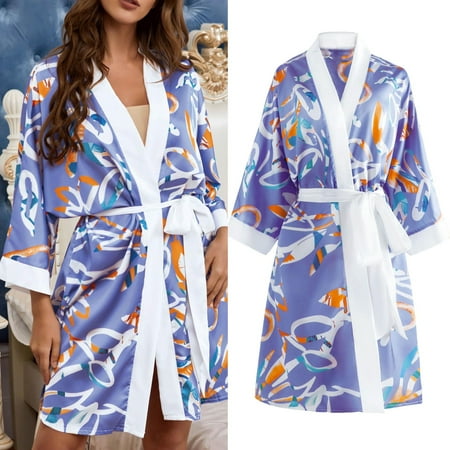 

Aueoe Bath Robes Female Terry Cloth Robes For Women Womens Kimono Robe Cover Up Floral Printed Sleepwear Satin Silky Nightgown Clearance