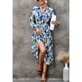 thumbnail image 3 of Leaf Print Button Shirt Collared Dress for Women Below Knee Length Blue Small, 3 of 5
