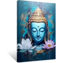 ZHONGYUTONG Blue Gold Buddha Wall Art Buddha Head & Lotus Flower Paintings Zen Pictures Spa Canvas Prints for Yoga Meditation Spiritual Buddhism Prayer Room (20.00" x 30.00")