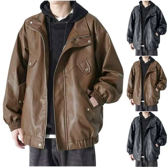 BinBiL Maiyifu-GJ Men Faux Leather Motorcycle Jacket Asymmetric Zipper Slim Outwear Overcoat Retro Notched Lapel Pu Biker Coat Coffee 10(XL)