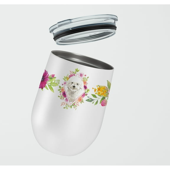 Carolines Treasures CK4263TBL12 Bichon Frise Pink Flowers Stainless Steel 12 oz Stemless Wine Glass 12 oz multicolor