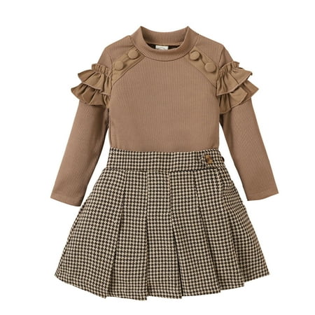 

Toddler Kids Girls Fashion Clothes Set Ribbed Top Skirt Outfits Party Girls Clothing Brown
