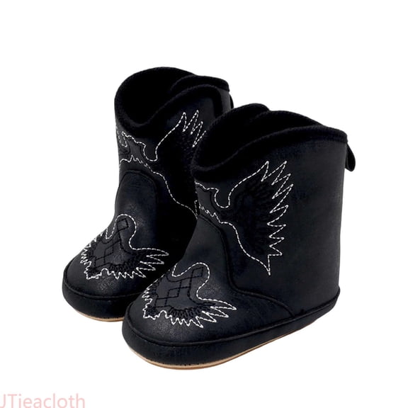 JTieacloth Toddler Ankle Boots Fall And Winter Baby Boots Cowboy Boots 0 12 Months Old Baby Fashion Embroidered Cartoon Mid Calf Boots,Black