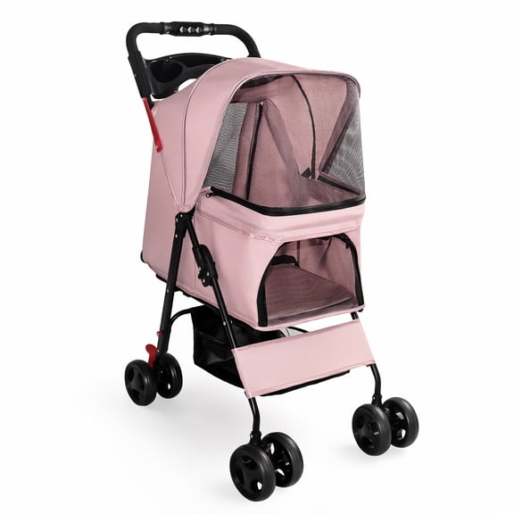 One-Click Foldable Pink Pet Stroller for Small Dogs & Cats, Holds Up to 28 LBS, Breathable Mesh, 360° Swivel Wheels with Lock Brakes, Storage Tray & Basket for Travel Walking