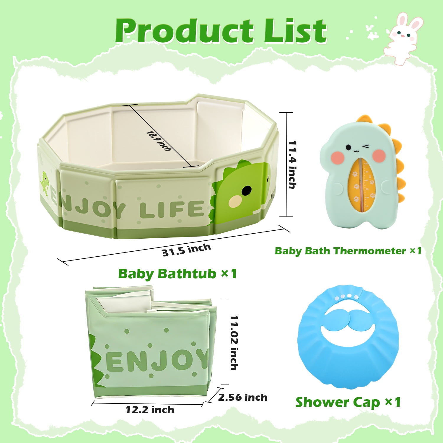 Wonderstone Portable Foldable Bathtub, Collapsible Baby Shower Tub with Drainage Design, Beach Vacation Travel Essentials for 1-3 Kids Toddler (Green)