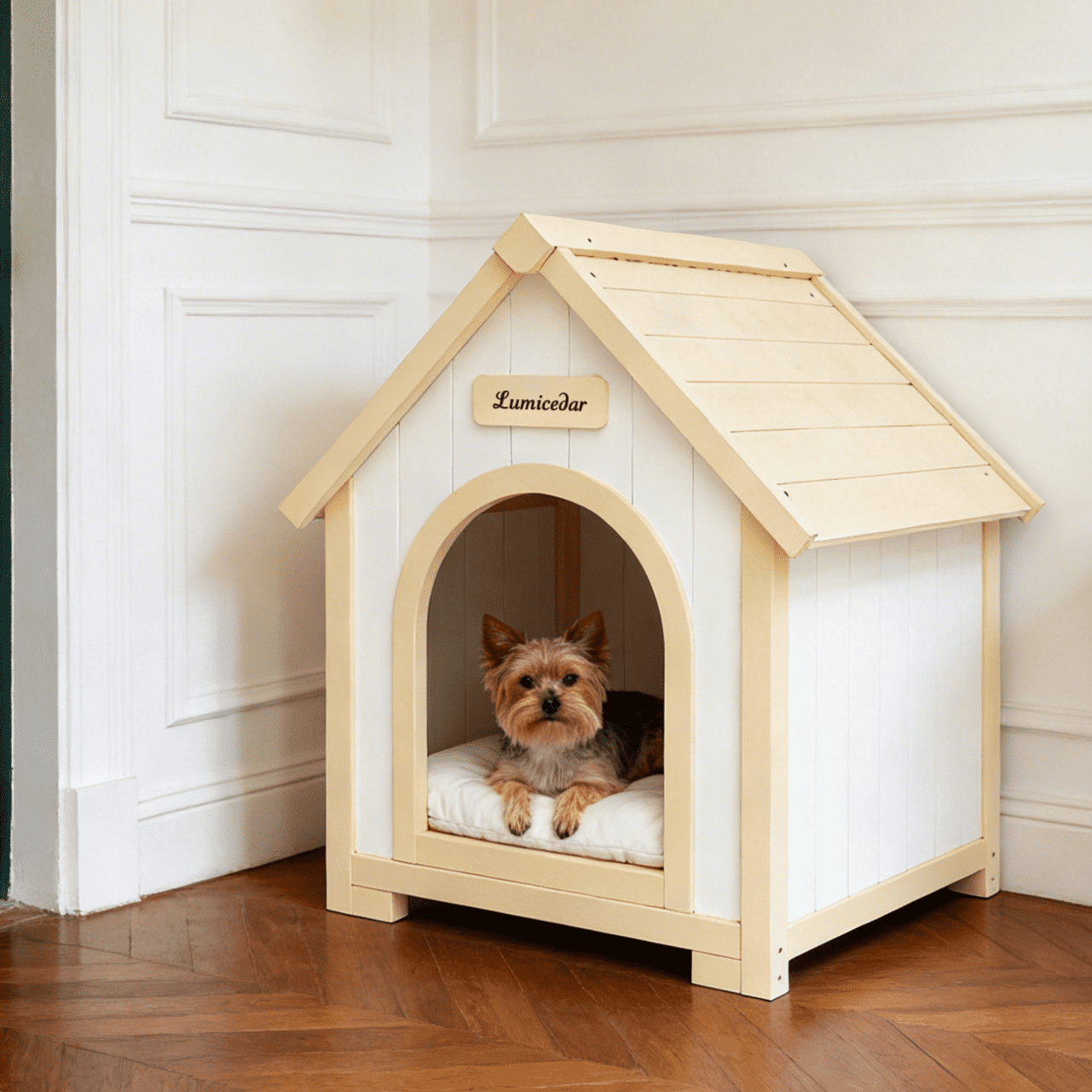 Modern Indoor Wooden Dog House Furniture-Grade FSC Solid Cedar Pet House with EVA Cushion A-Frame Nordic Design for Small Dogs & Cats
