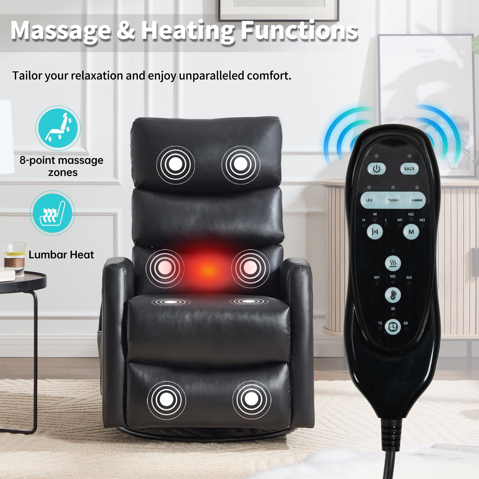 Aukfa 360° Swivel Recliner Rocking Chair with Massage and Heat for Living Room & Nursery, Leather, Black