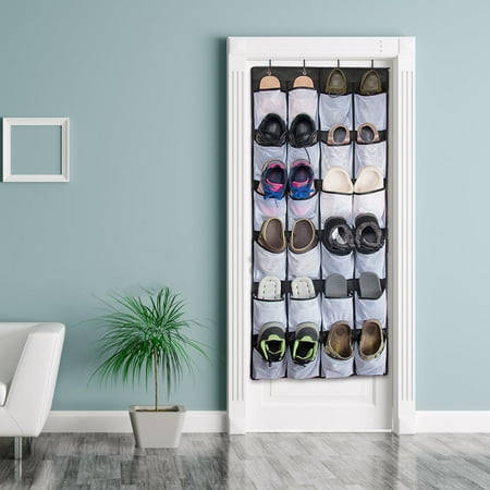

LochimuLarge Door Hanging Clear Shoe Cabinet 24 Pockets Visible Mesh Shoe Cabinet with 4 Metal Hooks Space Saving Shoe Rack Black