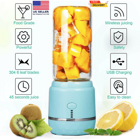 

Blue Portable Mini Juicer Cup USB Rechargeable Smoothies Fruit Juice Mixer US