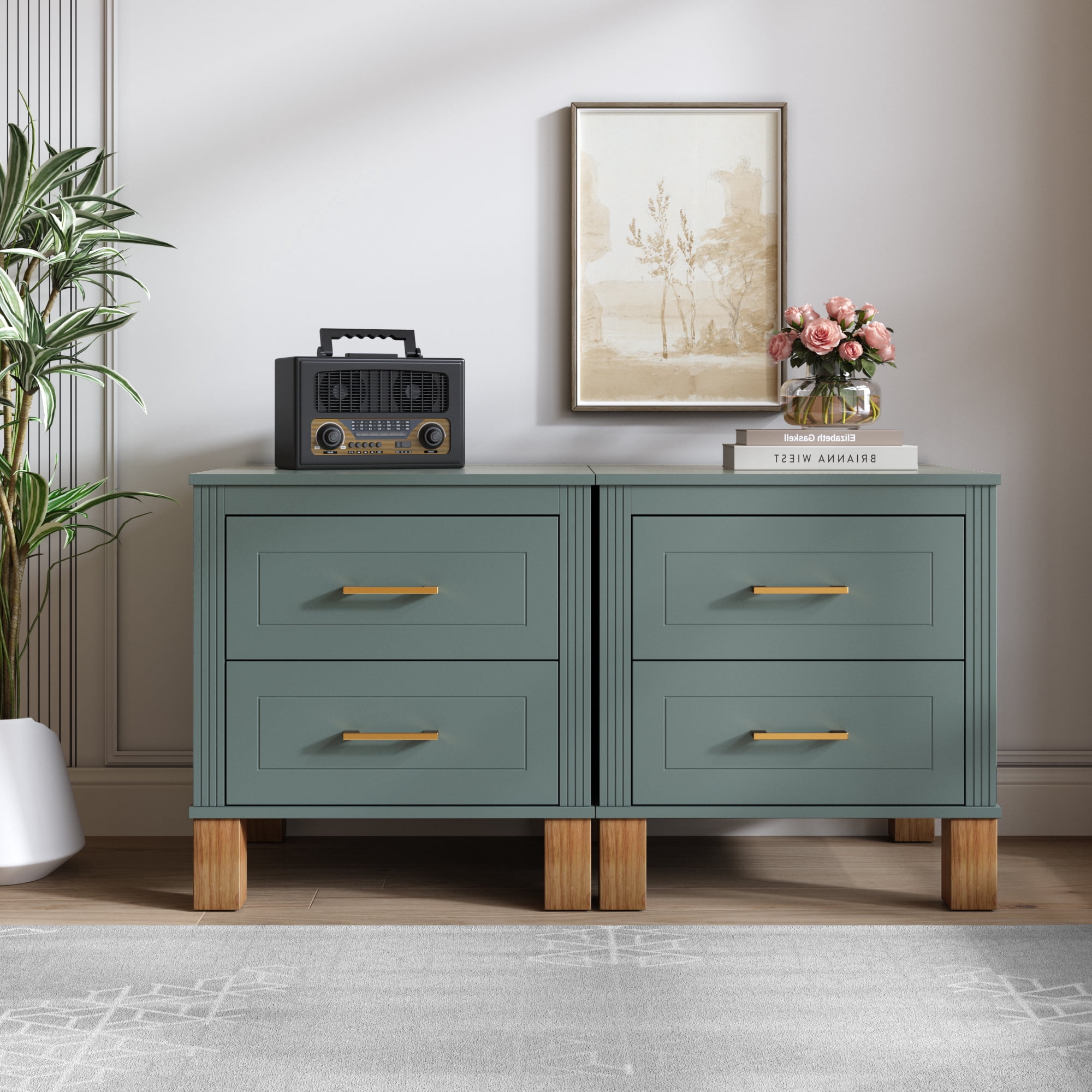 2 Drawer Nightstand, Fluted Design Bedside Table with Solid Wood Legs & Metal Handles, MDF Frame Storage Cabinet, Tall End Table for Bedroom Living Room