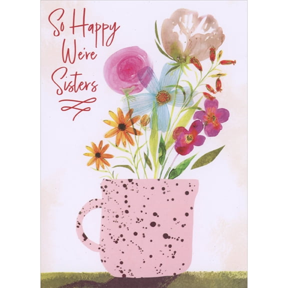 Designer Greetings So Happy We're Sisters: Flowers Inside Light Pink Spotted Mug Mother's Day Card from Sister