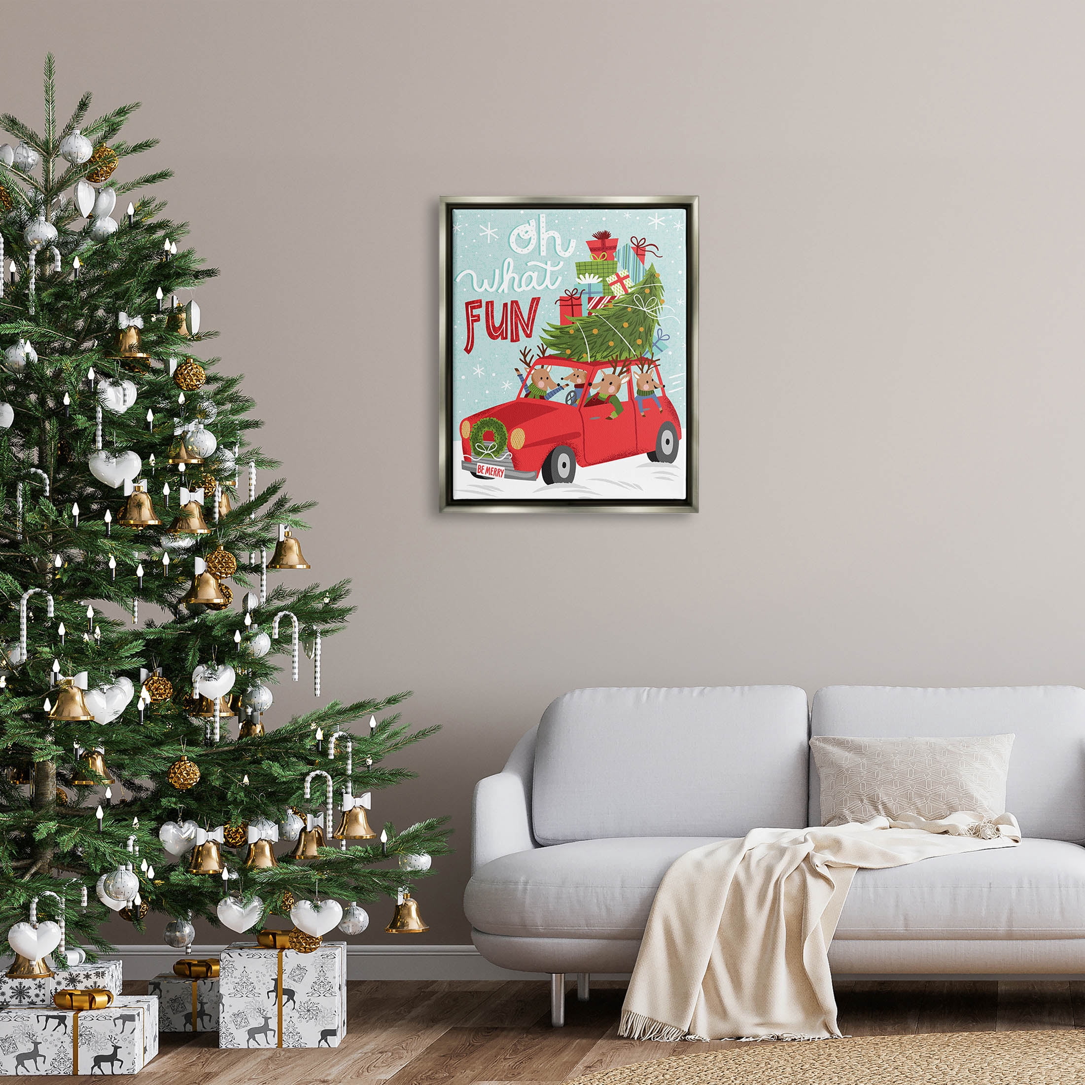 Stupell Industries Oh What Fun Holiday Car Graphic Art Luster Gray Floating Framed Canvas Print Wall Art, Design by Arrolynn Weiderhold
