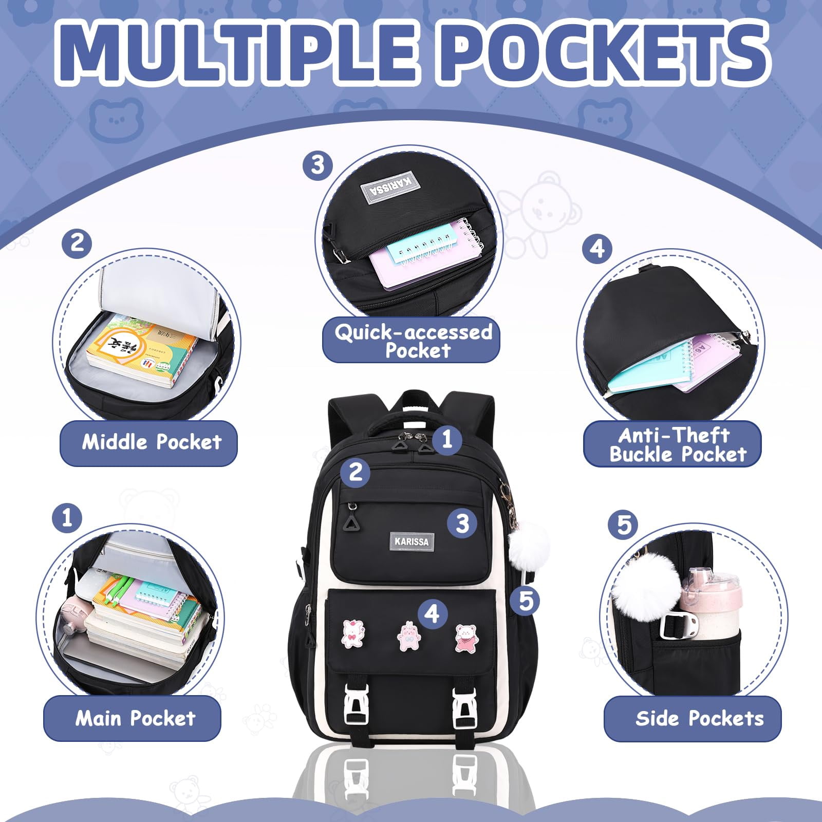 Soda Candy Backpacks with Anti-Theft Back Pocket, Lightweight School Backpack, Water Resistant Bookbag, Black