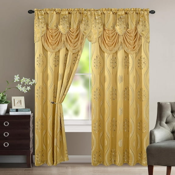 Jacquard Look Curtain Panel Set with Attached Valance 54" X 84 inch (Set of 2), Gold