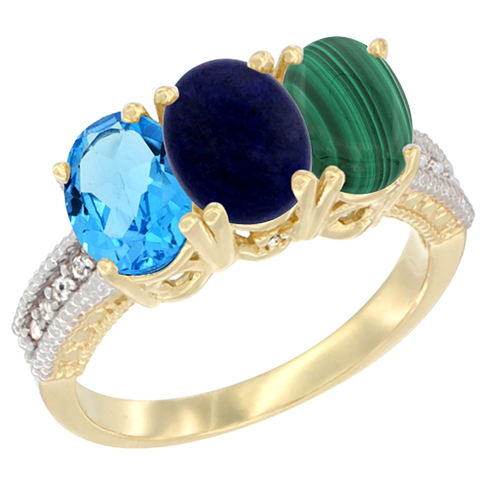 10K Yellow Gold Diamond Natural Swiss Blue Topaz, Lapis & Malachite Ring 3-Stone Oval 7x5 mm, sizes 5 10 by WorldJewels