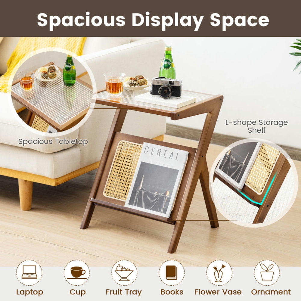 Finihen End Table, Boho End Table with Magazine Rack and Tempered Glass Top, Sofa Side Table, Bed Side Table, for Living Room, Bedroom, Walnut Finihen End Table, Boho End Table with Magazine Rack and Tempered Glass Top, Sofa Side Table, Bed Side Table, for Living Room, Bedroom, Walnut