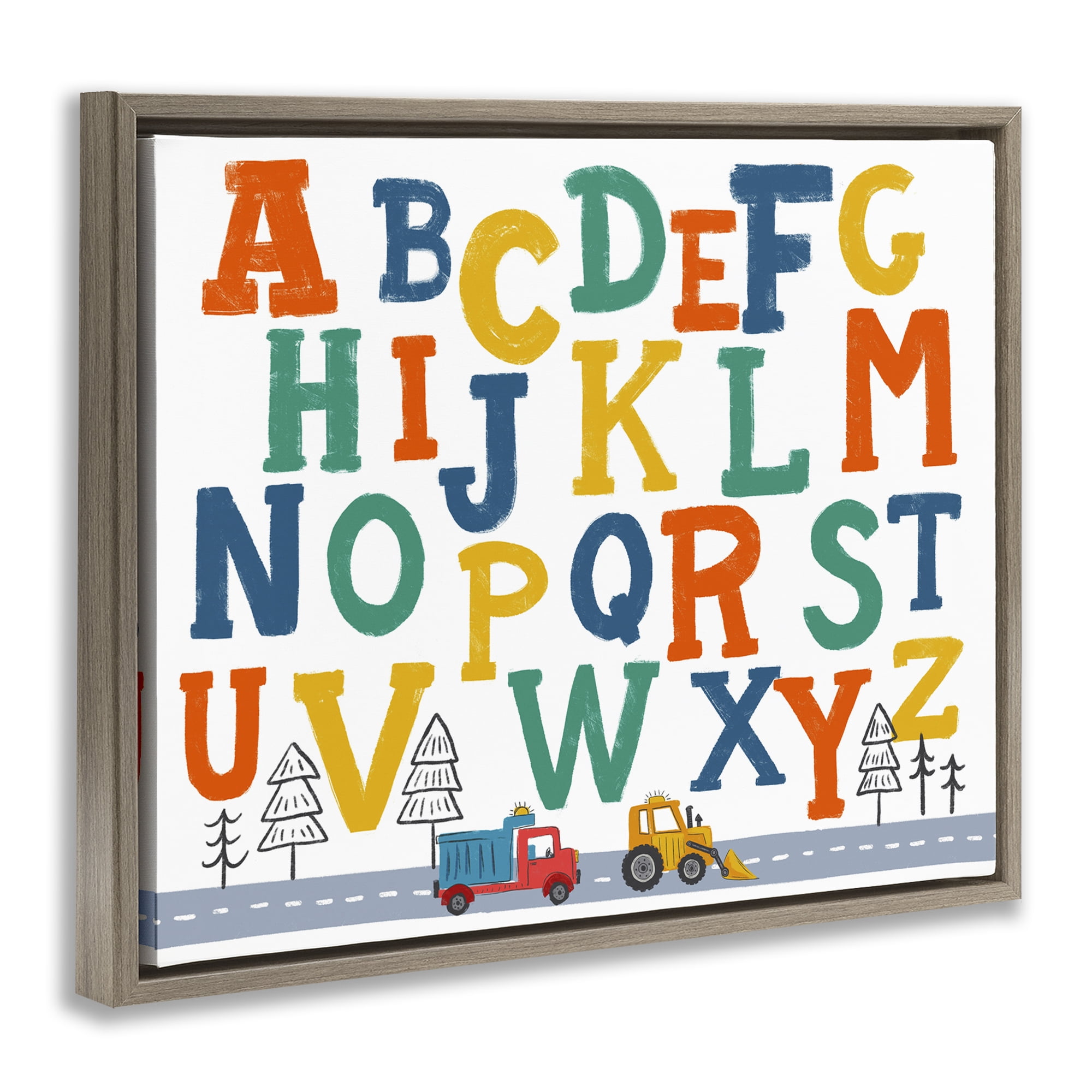 Stupell Industries Alphabet & Construction Trucks Education Painting Brown Floater Framed Canvas Art Print Wall Art, 21 x 17