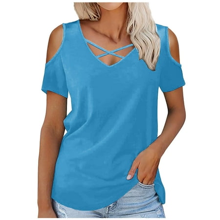 

Corset Tops for Women Women V-Neck Long Sleeve Off Shoulder Sleeve Loose T-Shirt Blouse Pullover Tops Fashion Solid Color Cold Shoulder Short Sleeve Cropped T Shirts for Women Sky Blue XXL