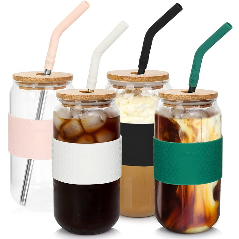 Beer Can Glass with Lids and Straw, Bamboo Cover Metal Straw, 20 oz  Reusable Drinking Glasses, Tumbler for Travel Office Home Ice Tea Coffee  Margaritas Soft Drinks Juice Cocktail, Set of 4 