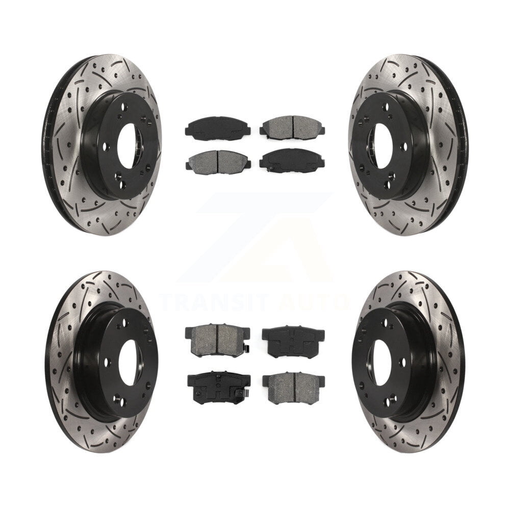 Transit Auto Front Rear Coated Drilled Slotted Disc Brake Rotors and Semi-Metallic Pads Kit for Car Honda Civic KDS-100342