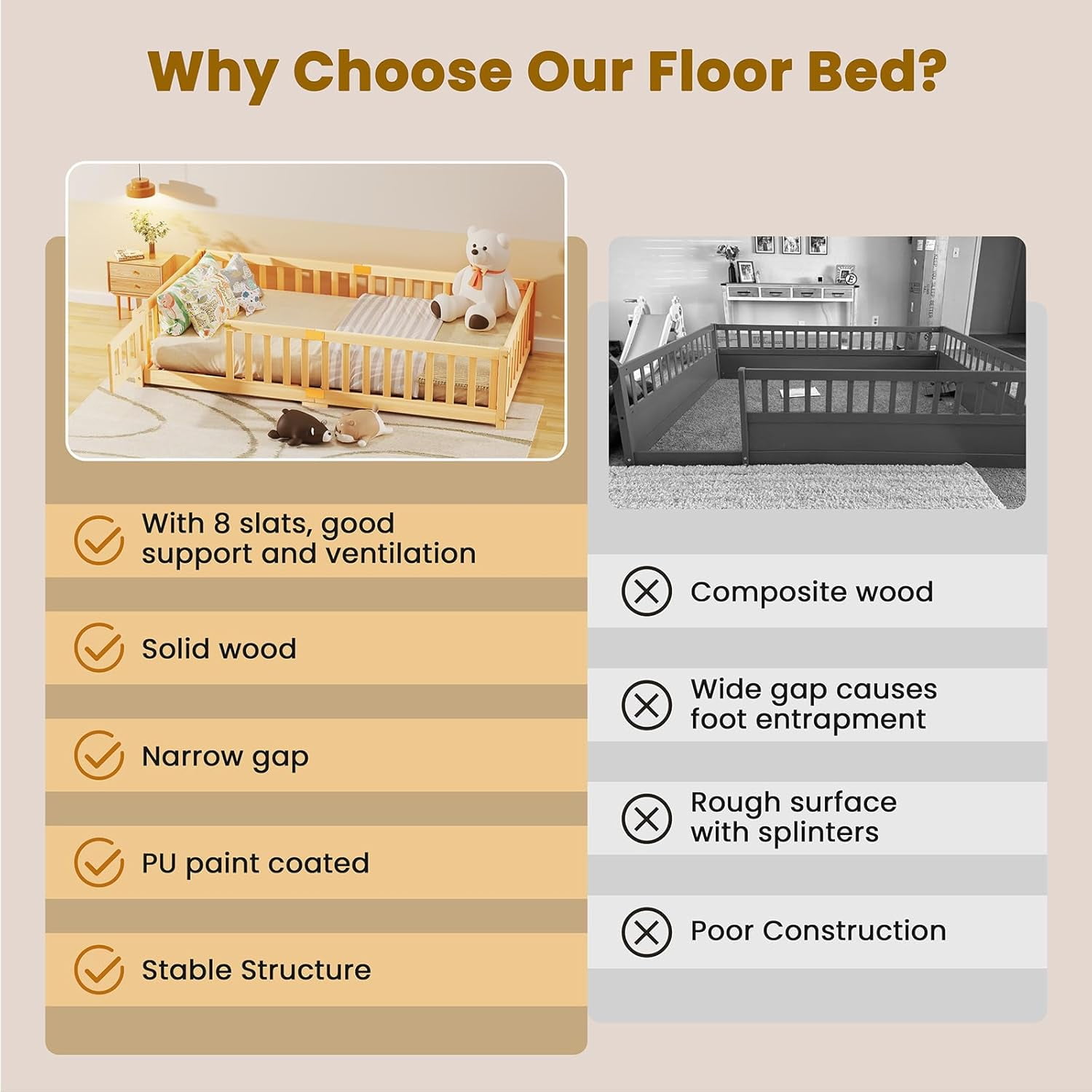 Slsy Montessori Floor Bed for Kids, Solid Wood Toddler Bed Frame w/Convertible Door and Safety Fence, Floor Bed Frame for Children Bedroom, Toddlers, Boys Girls, Kids Playroom, Twin / Full