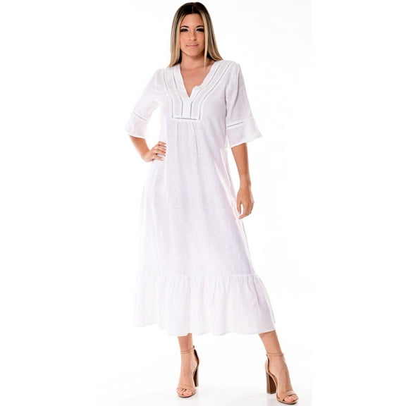Azucar 100% Linen Ladies 3/4 Sleeves & Ruffled Hem Long Dress in (2) Colors - LLD1695