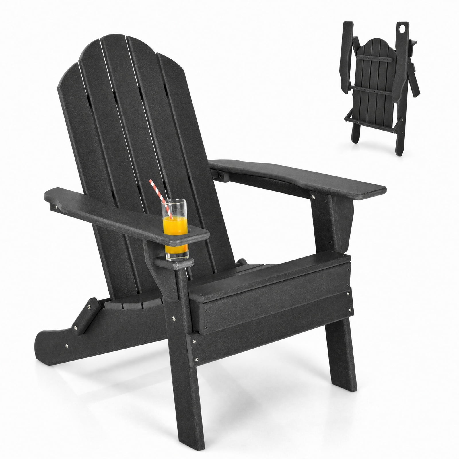 Furnibear Foldable Weather Resistant Adirondack Patio Chair with Built-In Cup Holder and Wide Armrests for Porch Backyard and Poolside, Black
