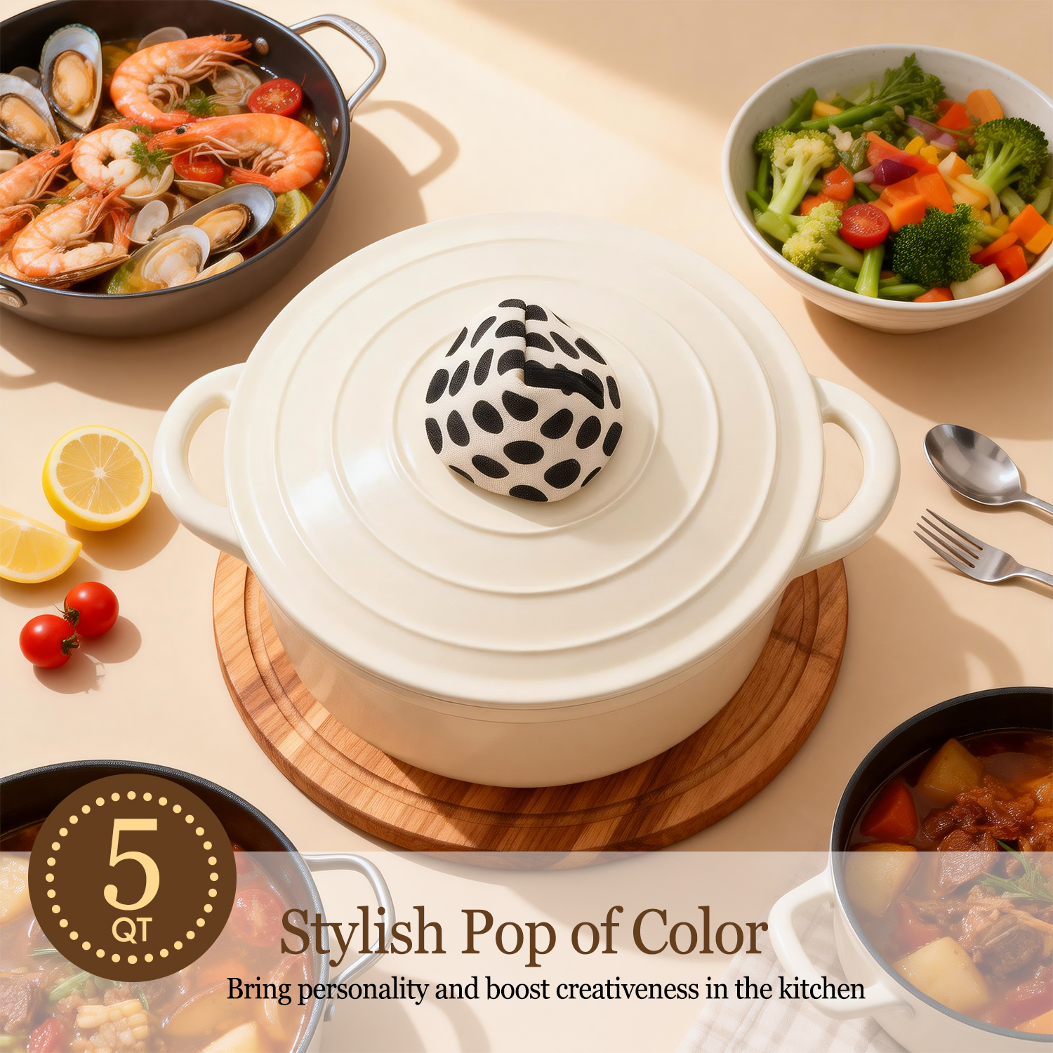 TAIMASI Enameled Cast Iron Dutch Oven, 5.5-Qt with Lid, Cream White photo 6