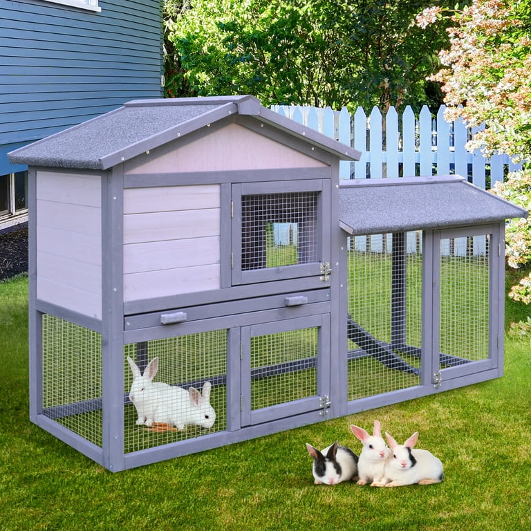 PawHut Large Outdoor Raised Painted Deluxe Wood Rabbit Gray White