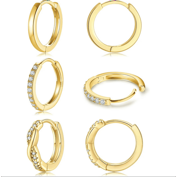 XBage 3 Pairs Small Gold Hoop Earrings Set, Hypoallergenic 14K Gold Plated Dainty Small Gold Huggie Earrings Stack With Shiny Cubic Zirconia For Women Men[eo6387]
