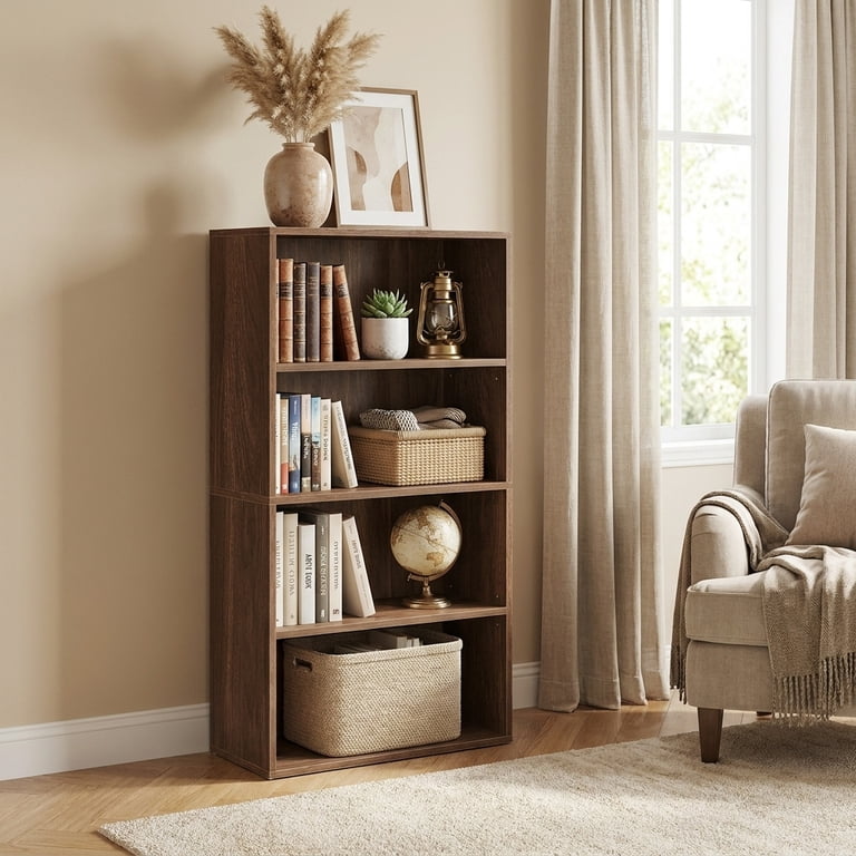 Ledrem 4-Tier Bookshelf with Adjustable Shelves, Natural Walnut photo 3