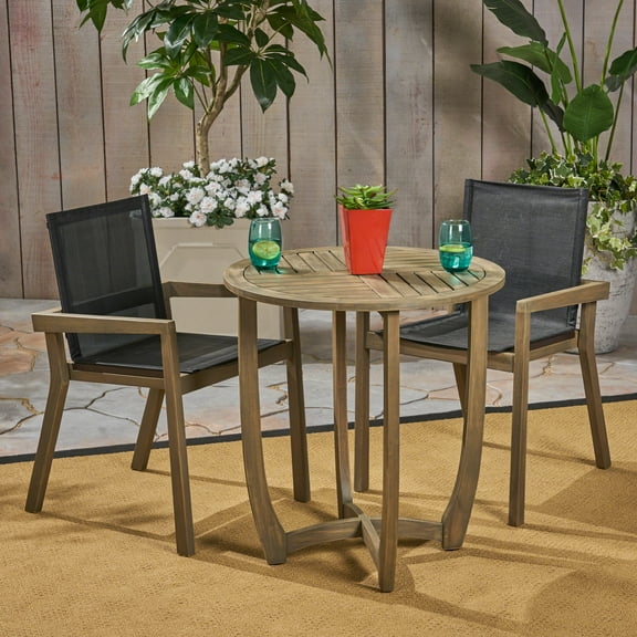 Luciano Outdoor 3 Piece Acacia Wood and Mesh Round Dining Set, Gray, Black