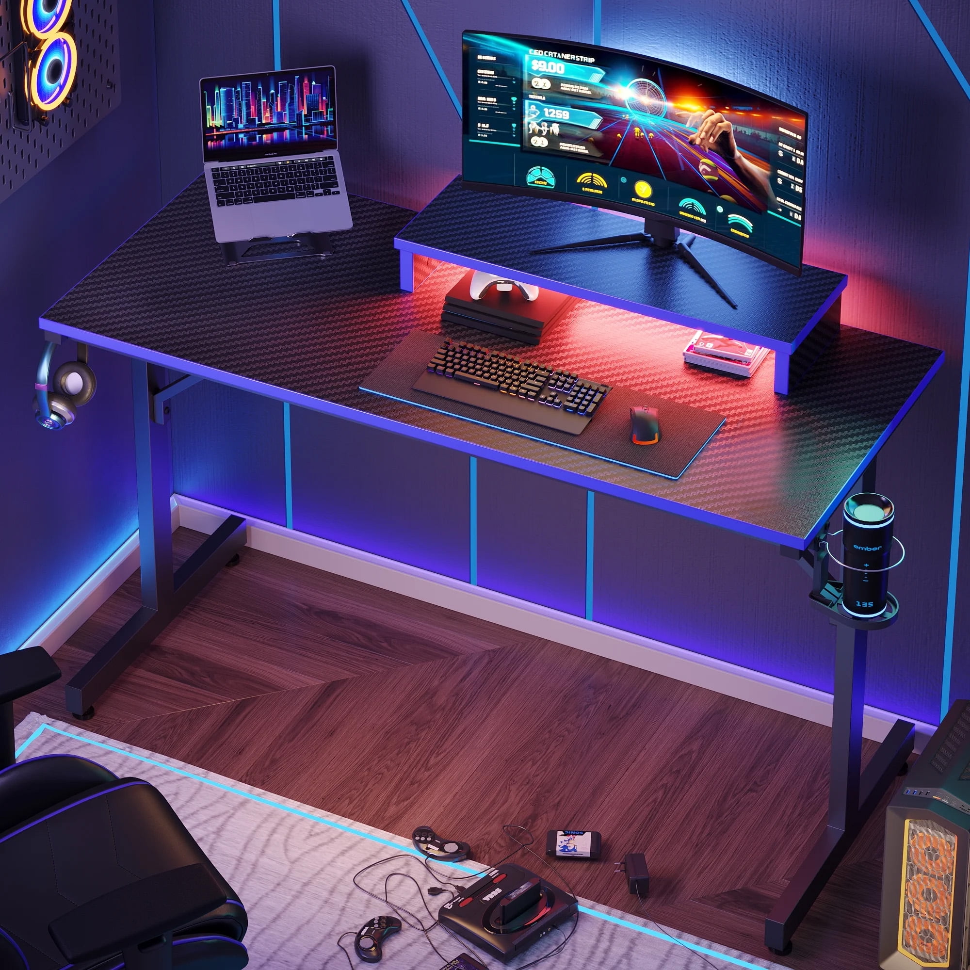 Bestier 42" Gaming Desk PC Computer Table with LED Lights & Monitor Stand & Hook & Cup Holder in Blue