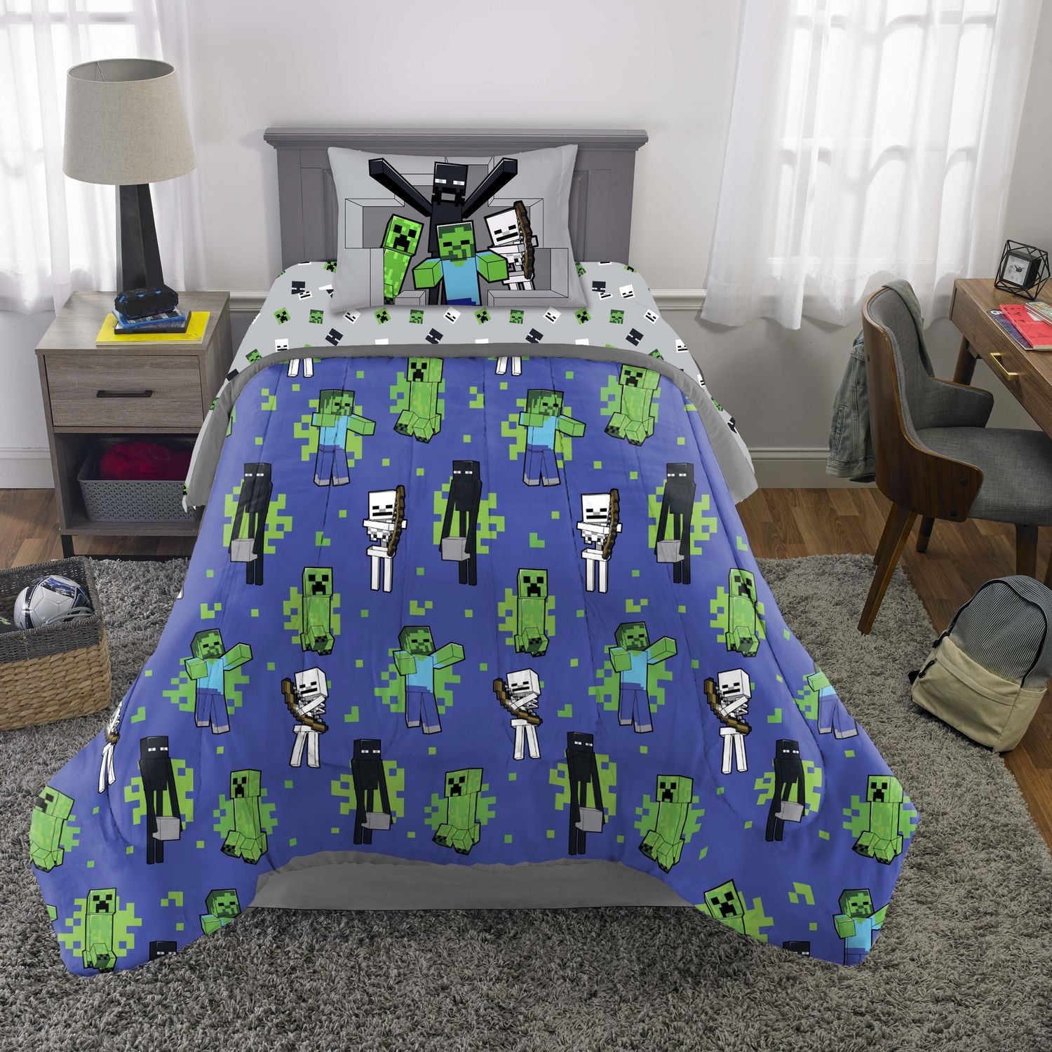 Minecraft Ensemble de Literie 4 Pièces pour Lit 1 Place + En Prime un Sac