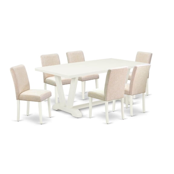 East West Furniture V-Style 7-piece Wood Dining Set in Light Beige