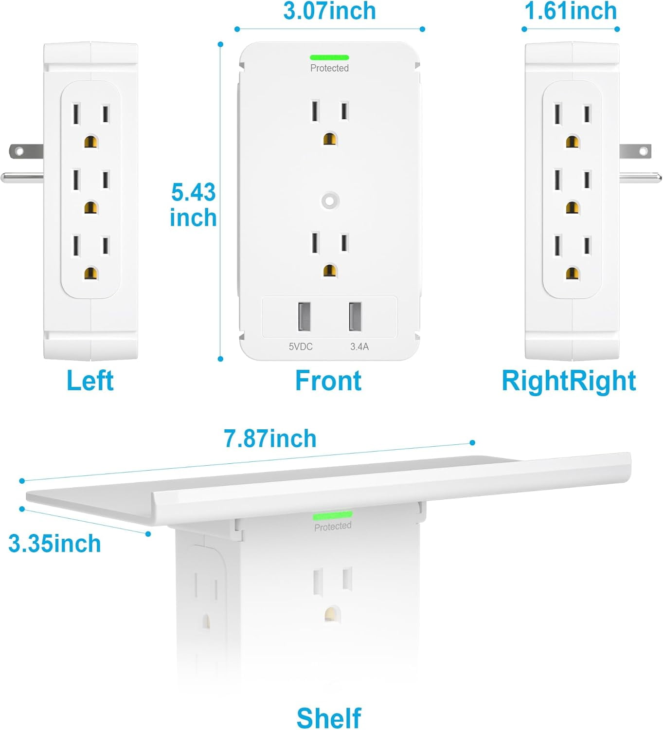 Socket Wall Shelf- 10 Port Sur Protector Wall Outlet, 8 Electrical Outlet Extenders and 2 USB Ports 2.4A, with Removable Built-In Shelf, FCC Listed (1, White)