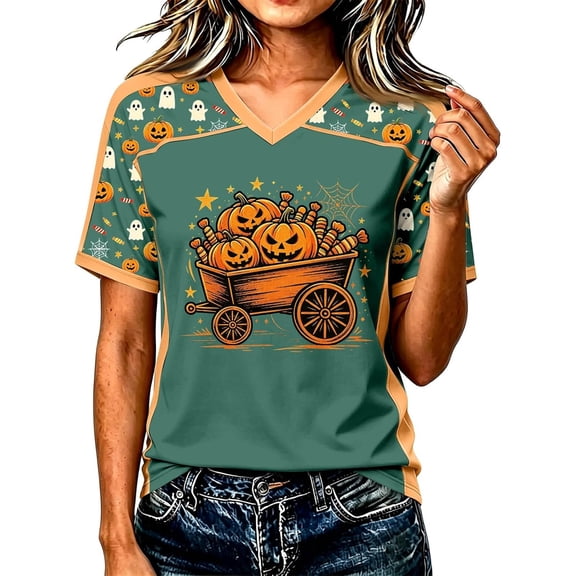 Yuncity Womens Shirts Halloween Pumpkin Graphic Print Tees Summer Fall V Neck Baseball Short Sleeve T-Shirts Casual Loose Fashion Tshirt Size L Green