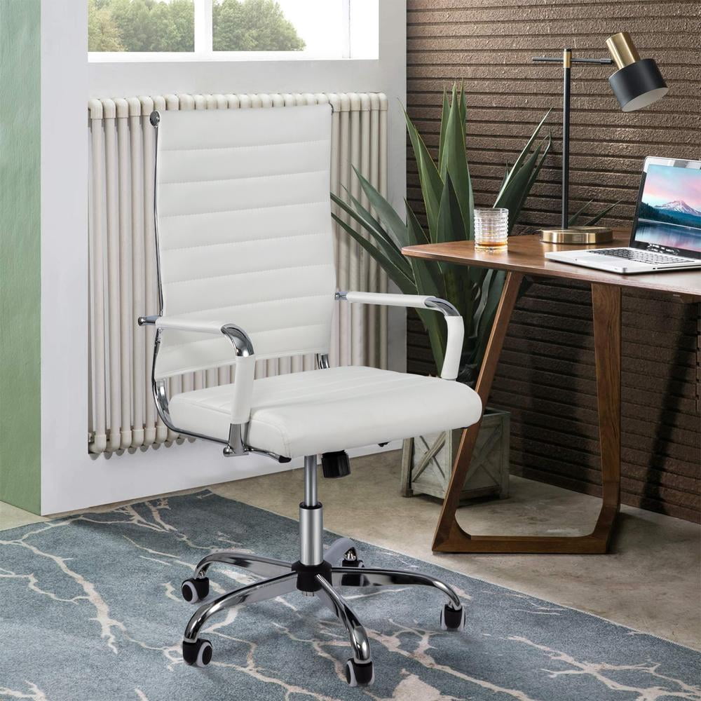 Okeysen Mid-Back Ribbed Home Office Desk Chair Ergonomic Faux Leather Conference Room Swivel Chairs Adult, Whtie