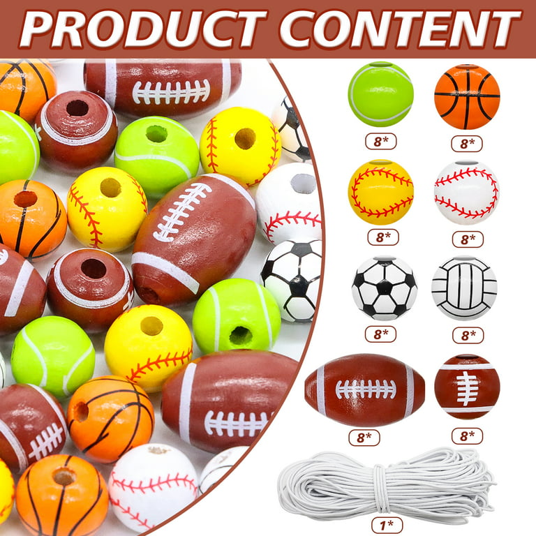 Sports Ball Wooden Beads, 64 Pieces Wooden Sports Beads with Baseball,  Football, Basketball, Volleyball, Tennis, DIY Crafts Beads, Wooden Beads  for