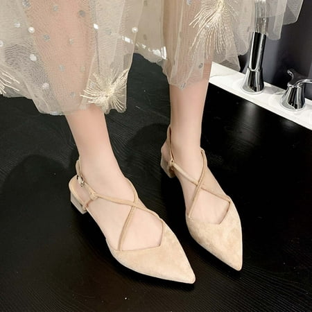

Lhked Women s Fashion Flock Pointed-toe Middle Heels Shoes Solid Color Buckle Shoes